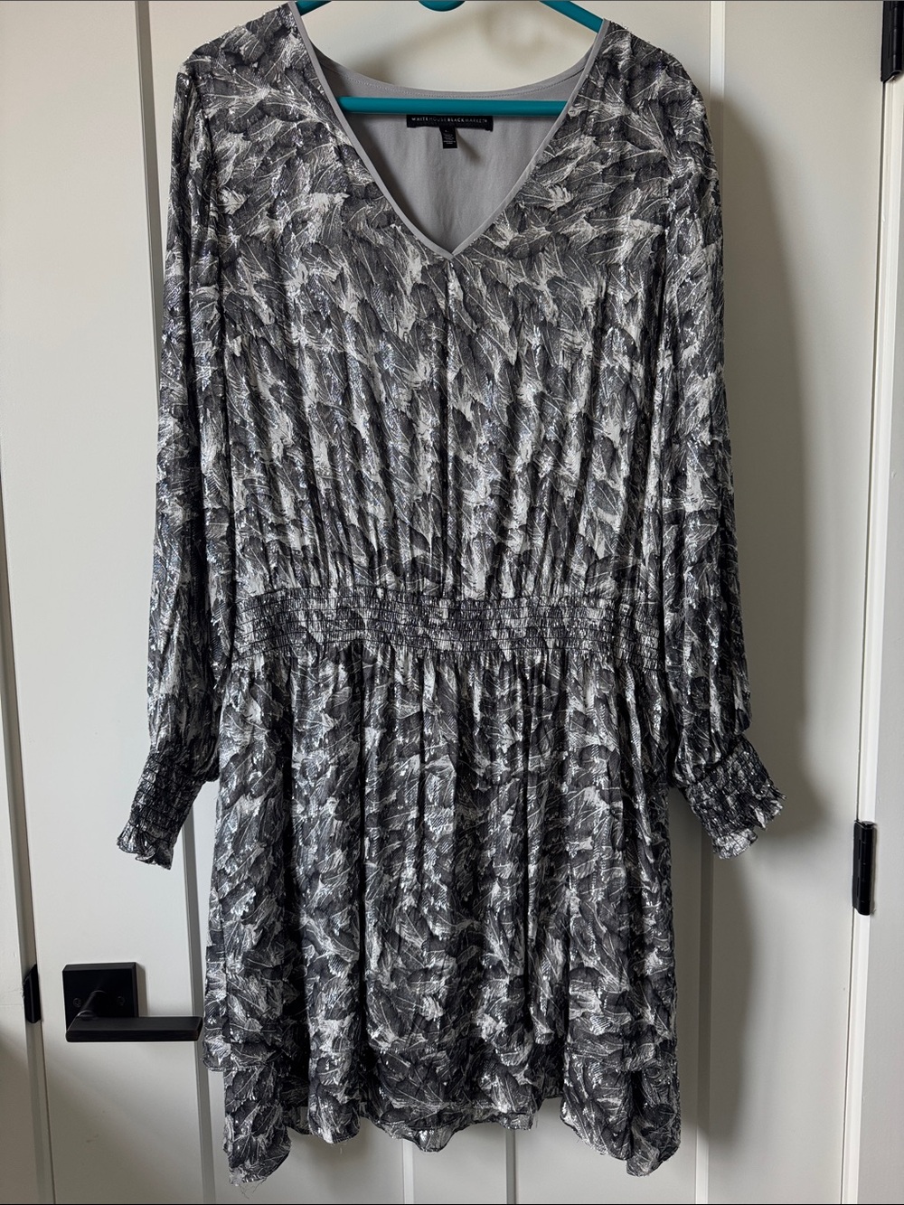 WHBM V-Neck Smocked Waist Long Sleeve Dress - shimmer Gray Leaf Print